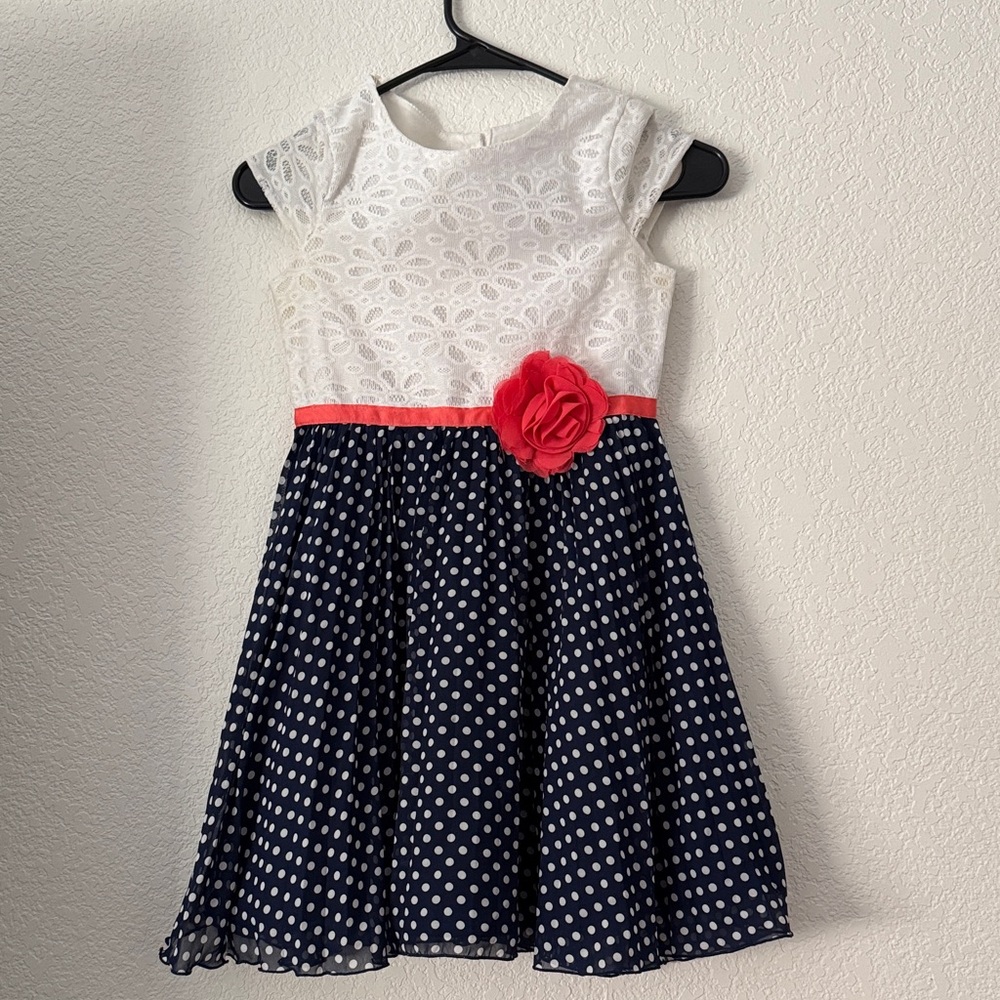 Sweet Heart Rose Navy Polka Dot Dress with Red Flower